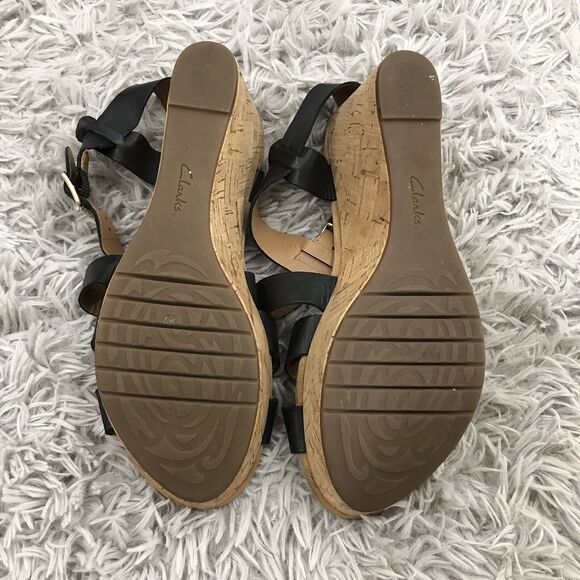 CLARKS ARTISAN BLACK LEATHER WEDGE CORK Straps SANDALS 10M - Picture 6 of 9